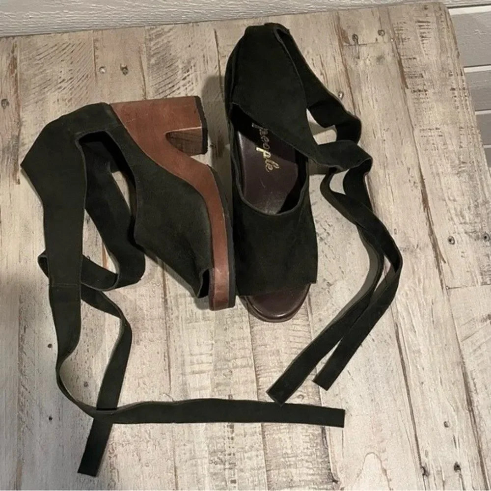 Free People Olive Wood Suede Wrap Heels Size 8 - Picture 3 of 5